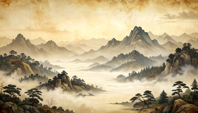 Panoramic mountain landscape illustration with fog and trees in artistic style