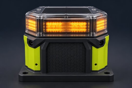 Industrial warning beacon light with amber illuminated panels on a dark studio background
