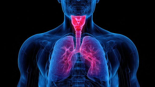 Human respiratory system displays the trachea and lungs in a glowing digital visualization.