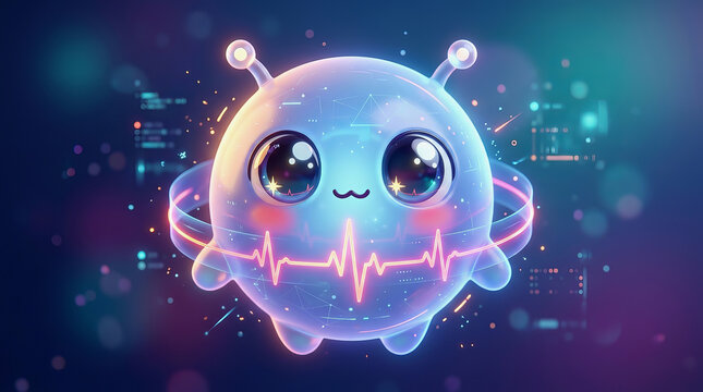 Cute glowing blue alien robot with large eyes and antenna, surrounded by digital data particles and a heartbeat line graphic on dark background.