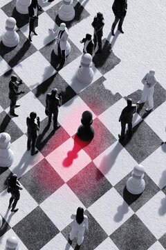 Abstract concept of a single black pawn on a chessboard highlighted with a red glow, symbolizing strategy, decision, and focus amidst a crowd of tiny figures.