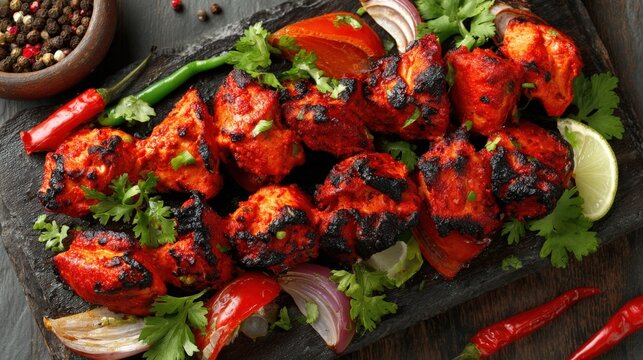 Grilled chicken tikka pieces are arranged on a dark stone platter with fresh herbs and vegetables.