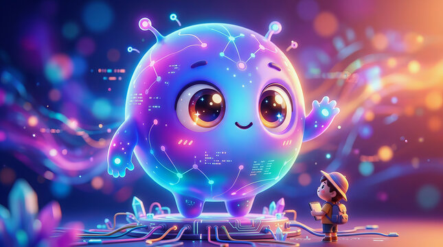 Cute glowing digital robot character waving hello to a small child in a vibrant futuristic sci fi world filled with colorful lights and data streams.