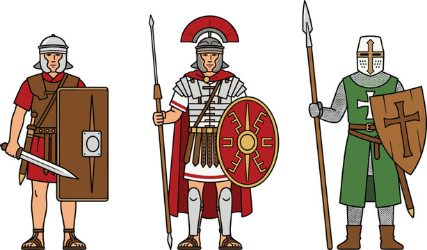 Ancient Roman Soldier and Medieval Crusader Warrior Collection with Shields Spears and Historical Armor Vector Illustrations