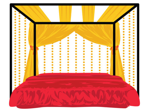 Indian Wedding Flower Bed Decoration Vector Illustration | Suhag Raat Bridal Bedroom Setup with Canopy Bed