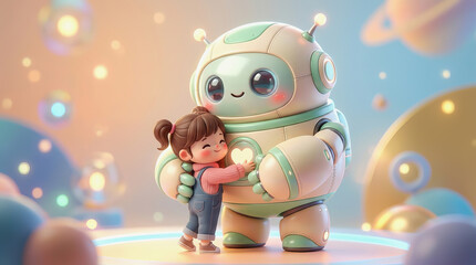 Naklejka premium Cute little girl hugging a friendly robot in a magical, colorful space filled with glowing orbs and planets.