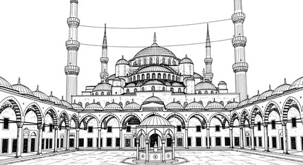 Hand-drawn sketch of the Blue Mosque courtyard with minarets and domes © kesya