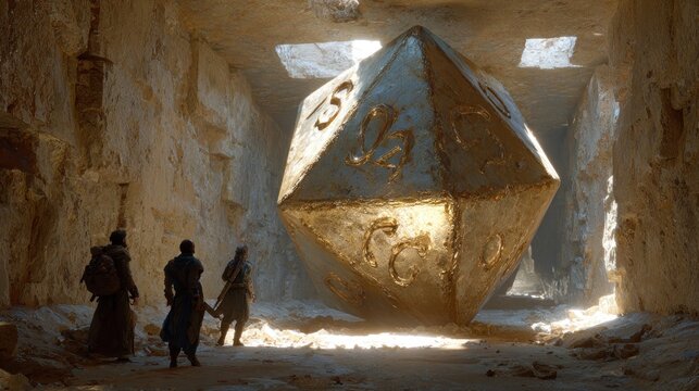 Ancient stone polyhedral die in a subterranean cavern with adventurers. Fantasy exploration of a mysterious giant artifact.
