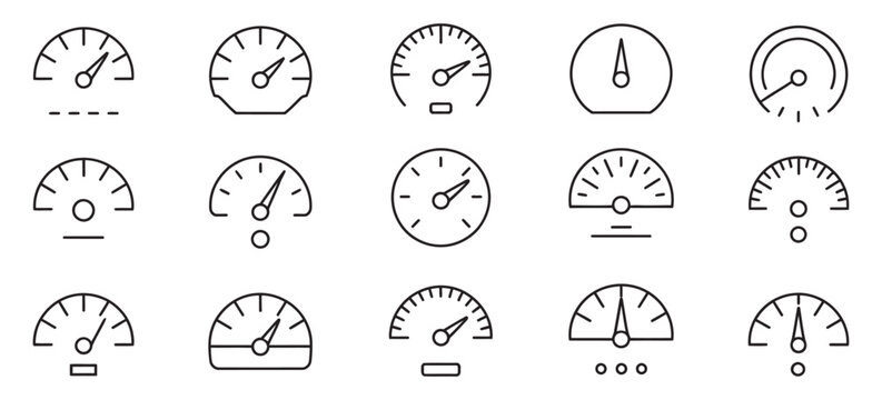 Speedometer icon set, modern gauge and performance meter symbols, clean outline vector pack with dial and needle indicators for speed tracking, dashboard analytics, and performance measurement interfa