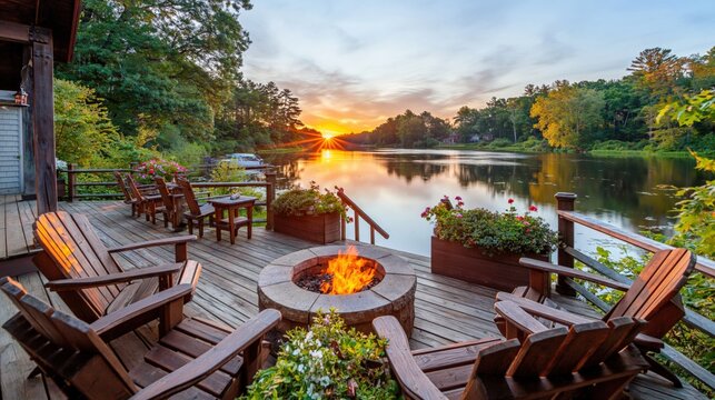 Cozy Lakeside Deck with Fire Pit and Adirondack Chairs at Sunset Overlooking Calm Water