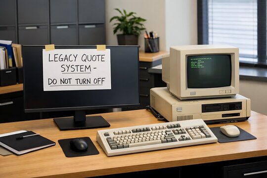 Legacy Quote System with Retro Computer and Modern Monitor in Office