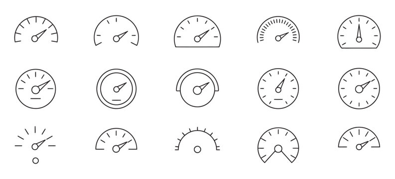 Speedometer icon set, modern gauge and performance meter symbols, clean outline vector pack with dial and needle indicators for speed tracking, dashboard analytics, and performance measurement interfa