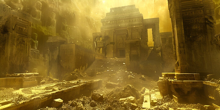 Mysterious ancient ruins shrouded in golden dust and mist, hinting at forgotten civilizations and lost grandeur.