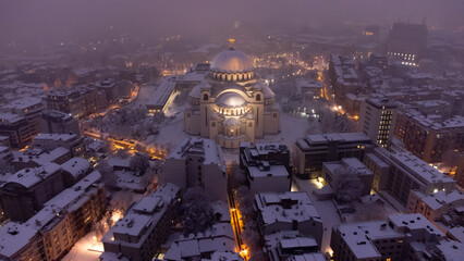 Obraz premium Drone view of Saint Sava, orthodox church in Belgrade, Serbia in winter snowing time.