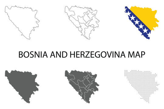 Bosnia and Herzegovina Map Vector Set &ndash; 6 Styles Collection Including Outline, Solid Silhouette, Administrative Regions, Dotted Grid, Flag Filled and Abstract Line Design, Editable Infographic Templat