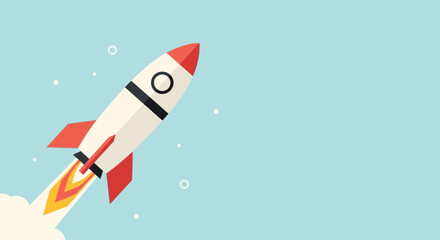 Retro rocket ship launching into space with fiery exhaust and stars © Tora