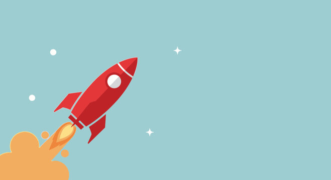 Red rocket launching into space with stars and clouds, flat design