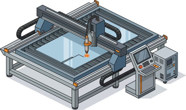 Modern isometric vector illustration of a CNC plasma cutting machine working on sheet metal in a clean industrial environment.