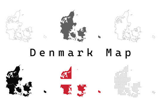 Denmark Map Vector Set &ndash; 6 Styles Collection Including Outline, Solid Silhouette, Administrative Regions, Dotted Grid, Flag Filled and Abstract Island Design, Editable Infographic Template