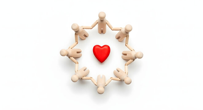 Diverse wooden mannequin figures holding hands around heart symbol.