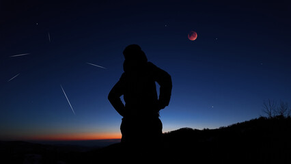 Fototapeta premium Amateur astronomer observing stars, planets, Moon eclipse and other celestial objects.
