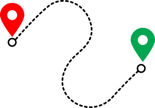 Route map with location pins connected by dotted line isolated on transparent background