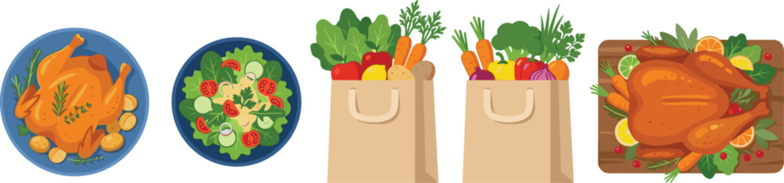 Healthy Food and Grocery Collection Featuring Roast Chicken Fresh Salad and Organic Vegetable Shopping Bag Vector Illustrations