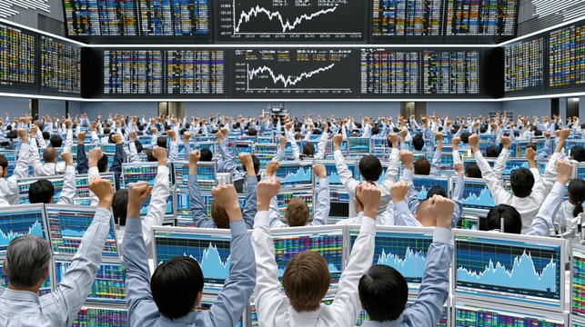 Excited traders celebrating a successful day on the stock market floor with raised fists and digital graphs