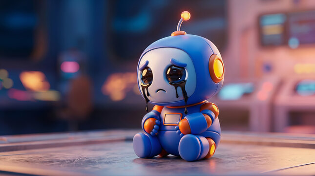 Sad blue robot with tears sits alone on a table in a futuristic sci fi room with glowing lights and blurred background.