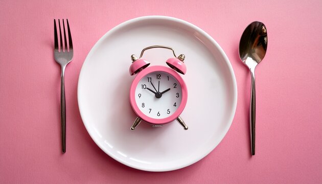 lat lay of pink alarm clock on white plate with spoon and fork as clock hand on pink background ketogenic dieting weight loss meal plan intermittent fasting and healthy food concept