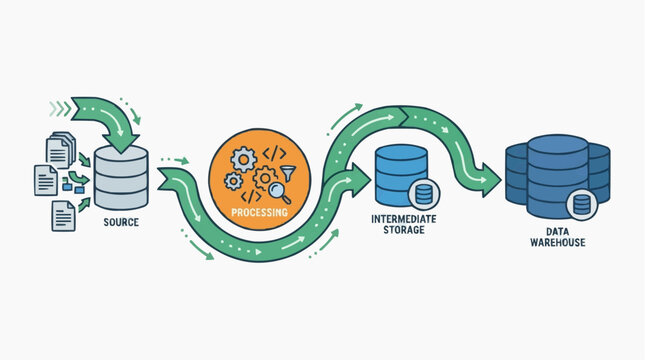 Data flow visualization: A diagram illustrates the flow of data from source, through processing, intermediate storage, and finally into a data warehouse.