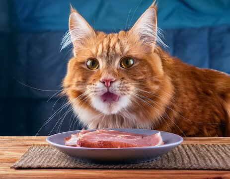 cat and food a piece of ham for the cat red cat and food mainecoon the cat looks at the food the cat wants to steal food from the table