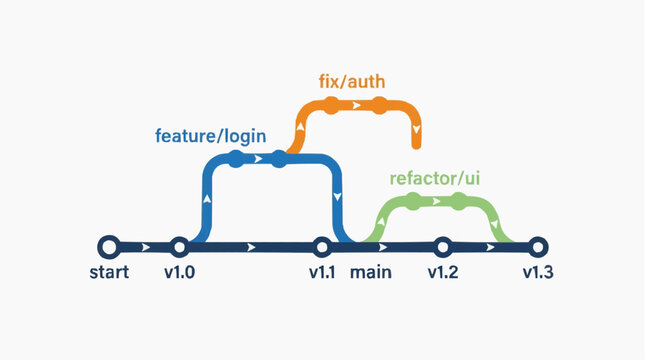Software Development Roadmap: A clean, vibrant graphic showcasing the iterative process of software development, visualizing feature integration and version control.