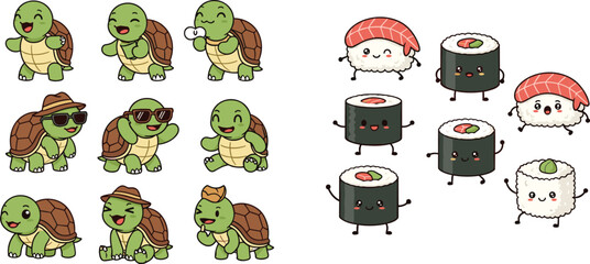 Cute Turtle and Sushi Cartoon Character Collection with Funny Kawaii Food and Animal Mascots Vector Illustration Set for Kids Design and Stickers © MstBobita