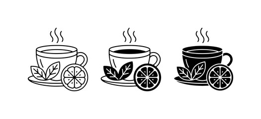 Hot Tea Icons, Steaming Coffee Cups with Lemon Slices and Mint Leaves, Three Styles: Outline, Silhouette, and Filled, Vector Graphics for Beverage and Cafe Concepts © Jui