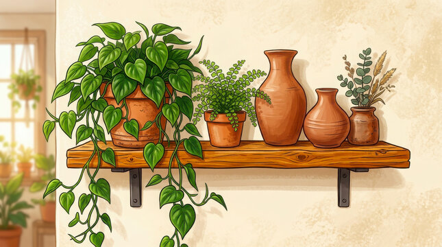 A rustic wooden wall shelf displays several potted plants and various decorative clay earthenware vessels