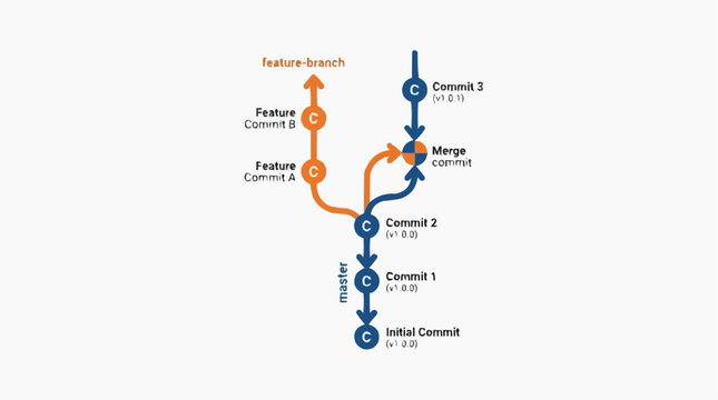 Git Branching Illustrated: A visual representation of the Git branching model, illustrating commits, merges, and the flow of code through feature branches.