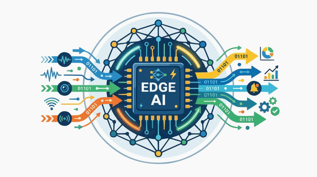 Edge AI Technology: Illustrating the cutting-edge of edge artificial intelligence, this vibrant graphic showcases the core of an AI processing unit with data streams and interconnected network. 