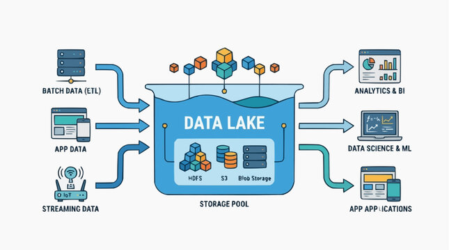Data Lake Diagram: A visual depiction of a data lake, showcasing the flow of various data types, its storage pool, and downstream applications. A central hub for processing and managing big data