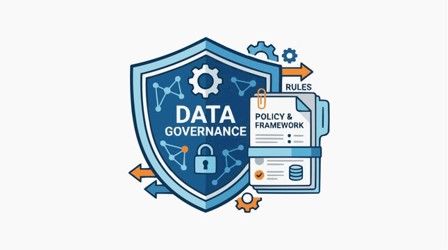 Data Governance: A symbol of data governance featuring a shield representing security, interconnected data points, and a lock illustrating protection, along with a document labeled Policy & Framework.