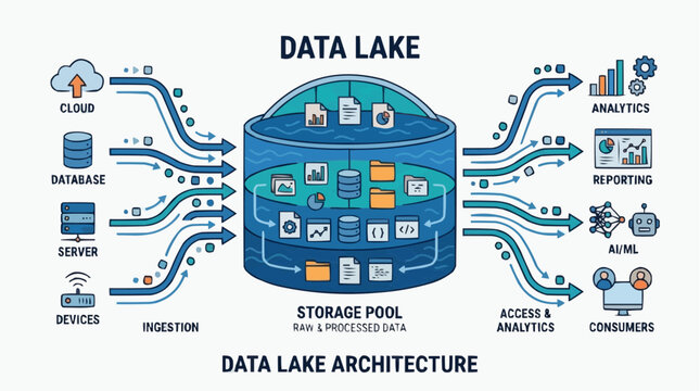 Data Lake Architecture: An illustration of a data lake's architecture, showcasing its components, data flow, and the process from ingestion to consumption.