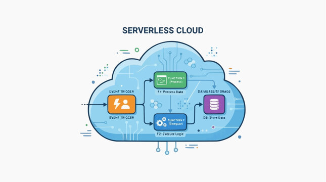 Cloud computing diagram: A dynamic graphic, symbolizing the serverless cloud's technological architecture and highlighting its key components.