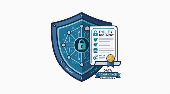 Data Governance Framework Illustration: A digital shield safeguards sensitive data, representing security and policy within a technological framework. A secure data landscape.