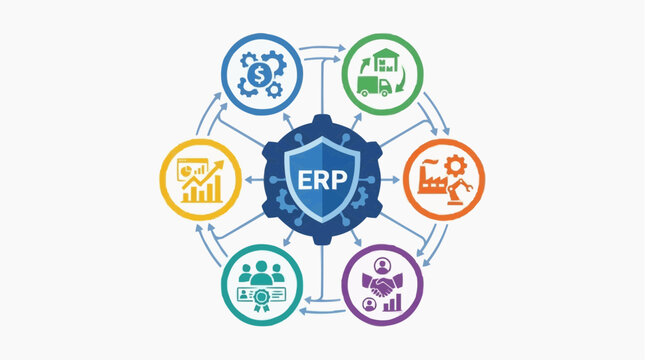 ERP System Integration Concept: A visual representation of an ERP system, with interconnected icons illustrating the different facets of business management and data integration