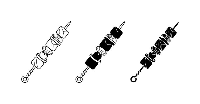 Three Skewers with Food, Vector Icons: Grilled Meat, Vegetables, and Cubes, Simple Line Art and Silhouette Styles for Culinary and BBQ Graphics
