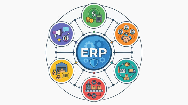 ERP System: An illustrative image showcases a central ERP system surrounded by interconnected icons representing various facets of business operations and management.