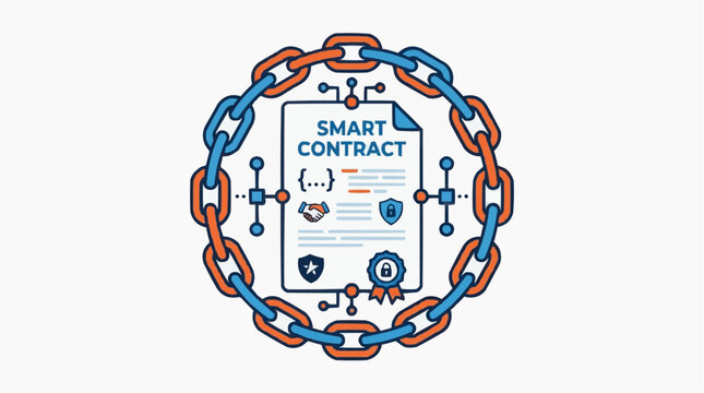 Smart Contract illustration : An illustration depicting a secure smart contract document encircled by a chain, symbolizing blockchain technology and digital agreement.