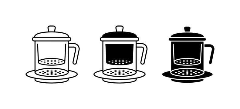 Vietnamese Coffee Filter Icons, Phin Coffee Maker Set, Traditional Brew Equipment, Black and White Line Art and Solid Silhouettes