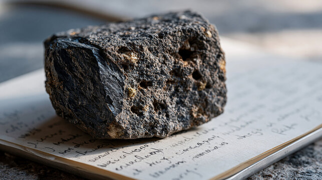 Single object detail of cracked volcanic basalt sample on laboratory examination tray with mineral inclusion annotations written in pencil beside it, geology research artifact,