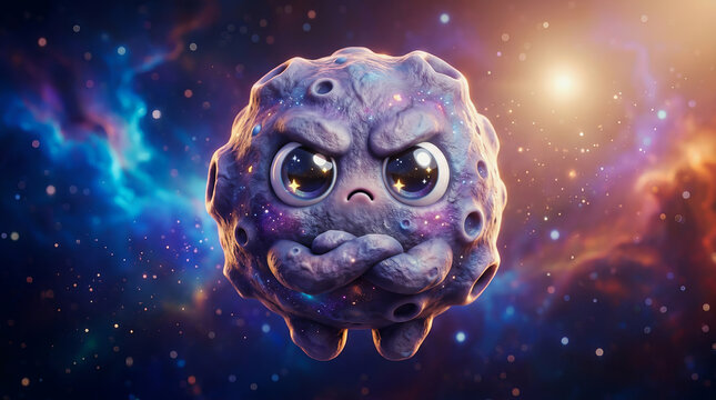 Angry cartoon asteroid with big eyes floats in colorful nebula galaxy space background